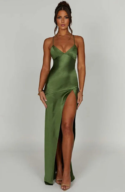 Elegant satin maxi dress for women featuring a flattering V-neckline and a high side slit, perfect for evening events and special occasions. 4