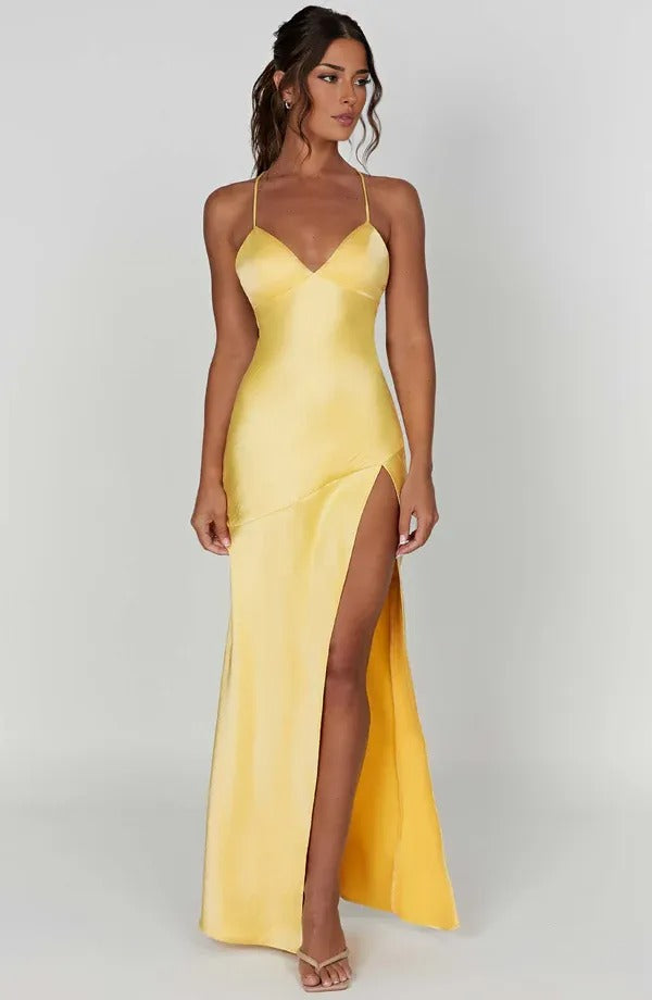 Elegant satin maxi dress for women featuring a flattering V-neckline and a high side slit, perfect for evening events and special occasions. 7