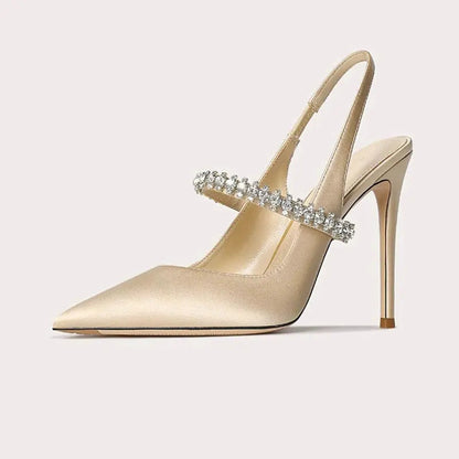 Satinia women's heels featuring a pointed toe design and an elegant jewelled ankle strap, perfect for formal occasions and stylish outfits. 3