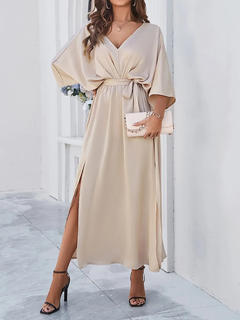Sera Maxi Dress featuring a stylish V-neck design and adjustable tie waist, perfect for summer outings and special occasions. 1