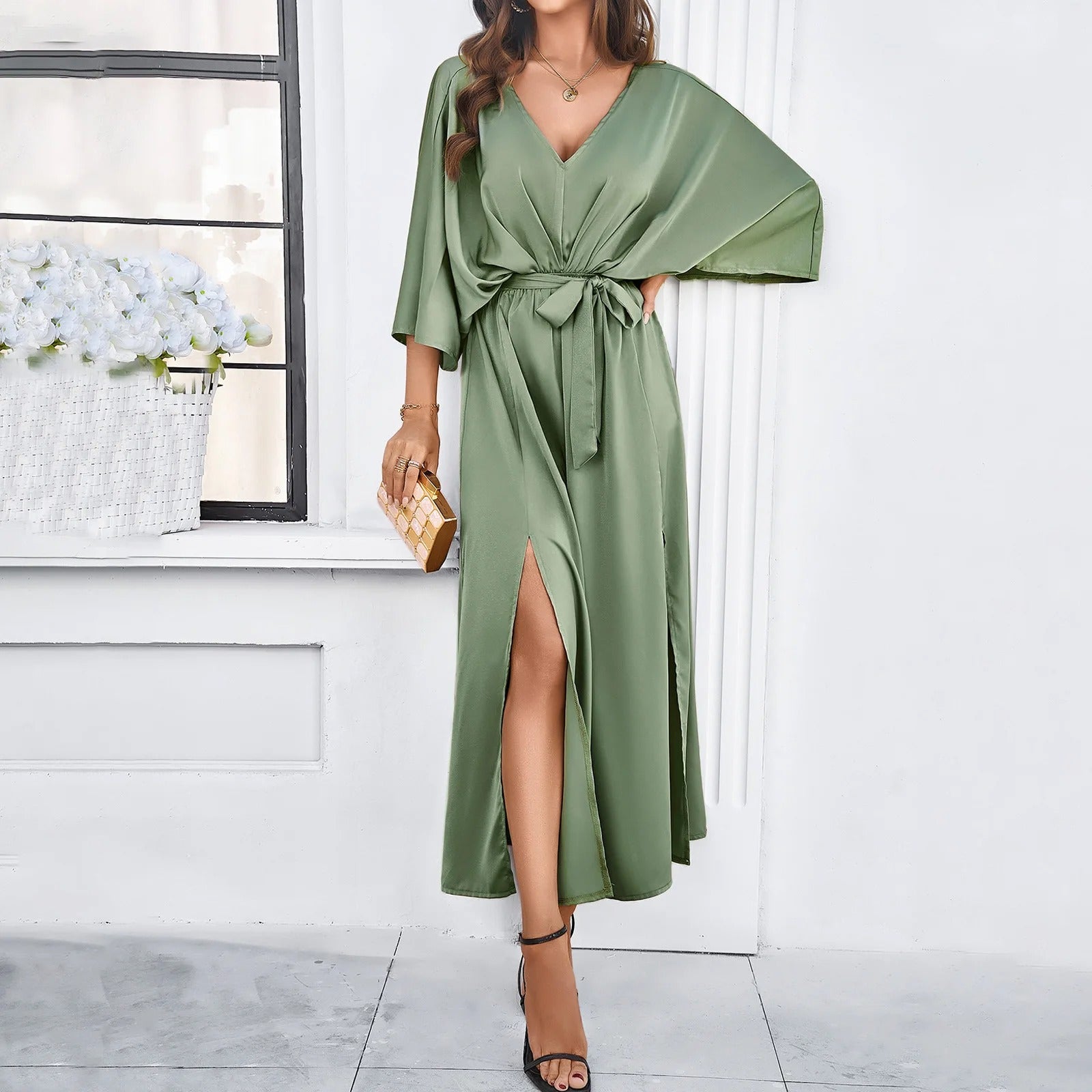 Sera Maxi Dress featuring a stylish V-neck design and adjustable tie waist, perfect for summer outings and special occasions. 3