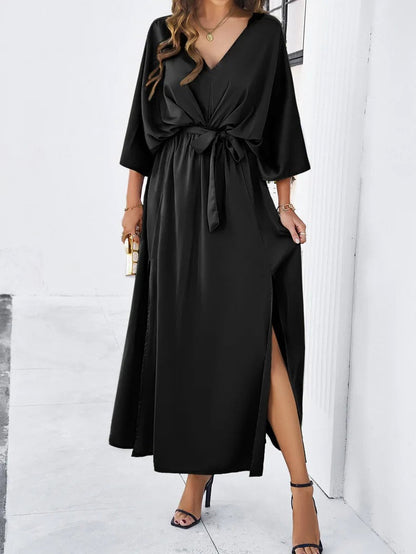 Sera Maxi Dress featuring a stylish V-neck design and adjustable tie waist, perfect for summer outings and special occasions. 5