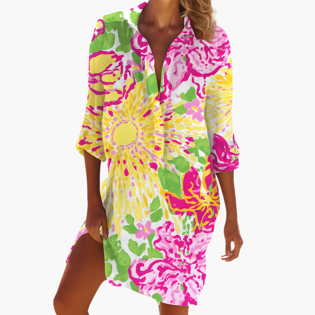 Sera Women’s Summer Dress featuring long sleeves and a stylish button placket, perfect for warm weather fashion. 0