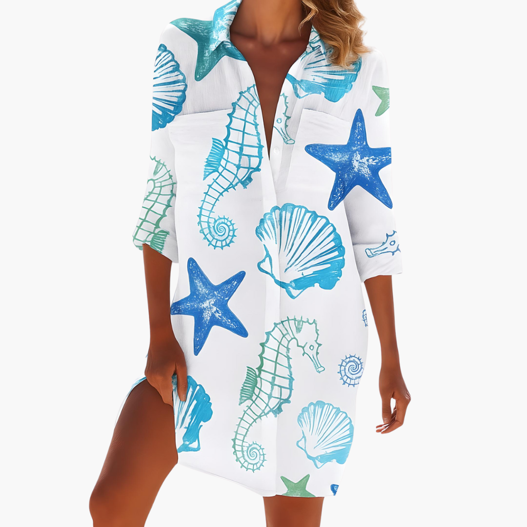 Sera Women’s Summer Dress featuring long sleeves and a stylish button placket, perfect for warm weather fashion. 1