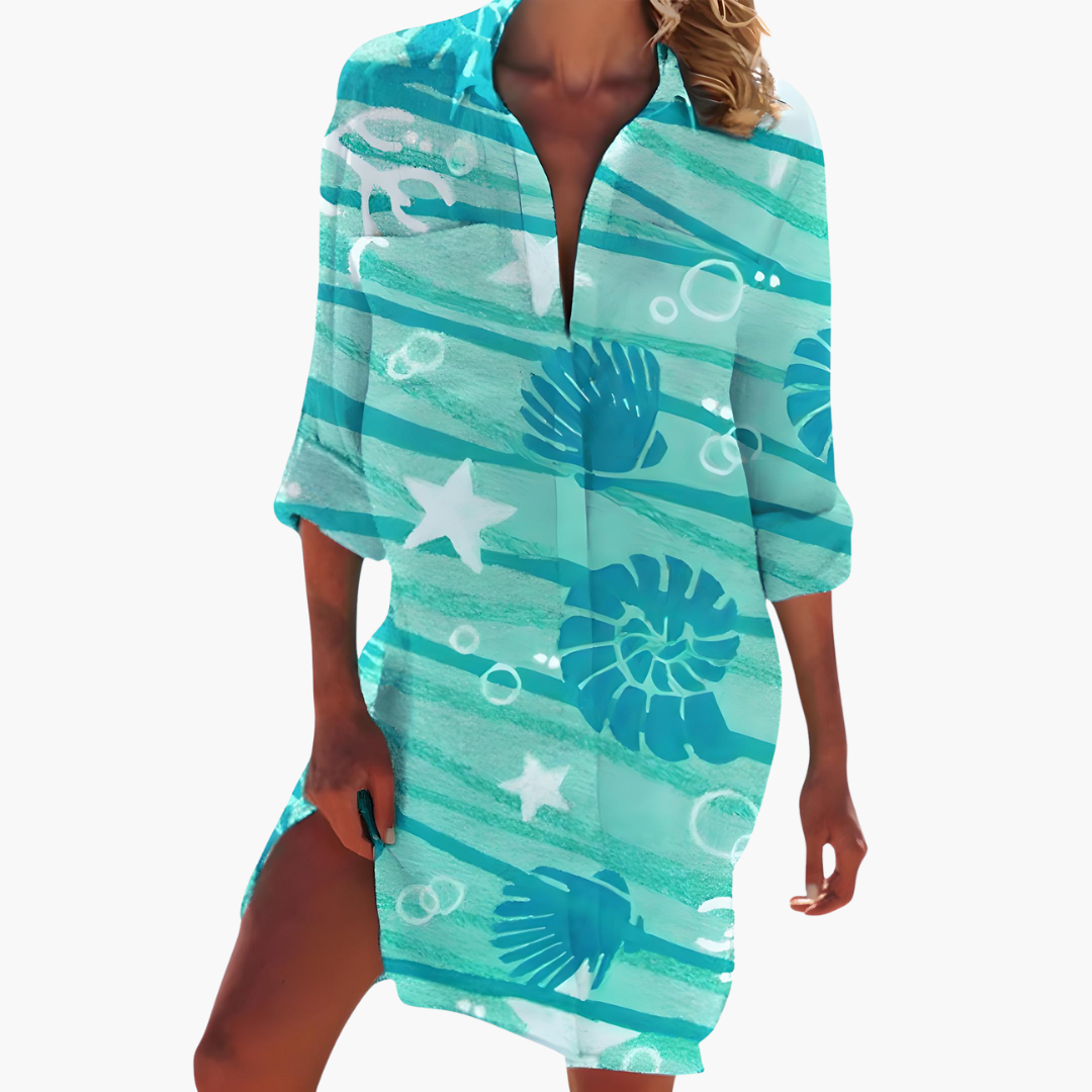Sera Women’s Summer Dress featuring long sleeves and a stylish button placket, perfect for warm weather fashion. 2