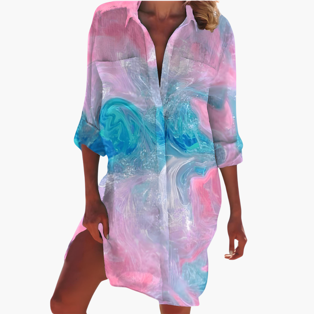 Sera Women’s Summer Dress featuring long sleeves and a stylish button placket, perfect for warm weather fashion. 3