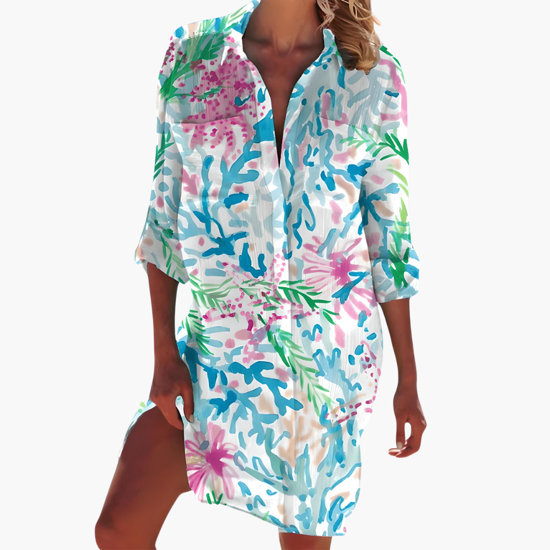 Sera Women’s Summer Dress featuring long sleeves and a stylish button placket, perfect for warm weather fashion. 6