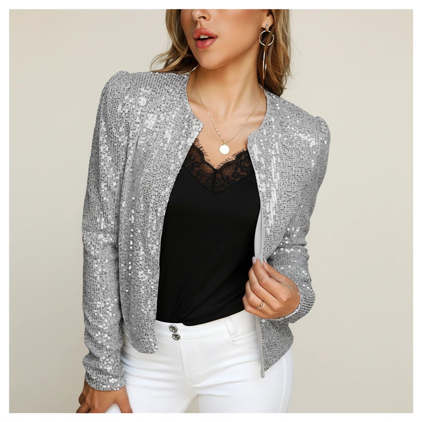 Sera Women's Evening Jacket featuring an open front and a stunning sequin design, perfect for adding glamour to any formal outfit. 1