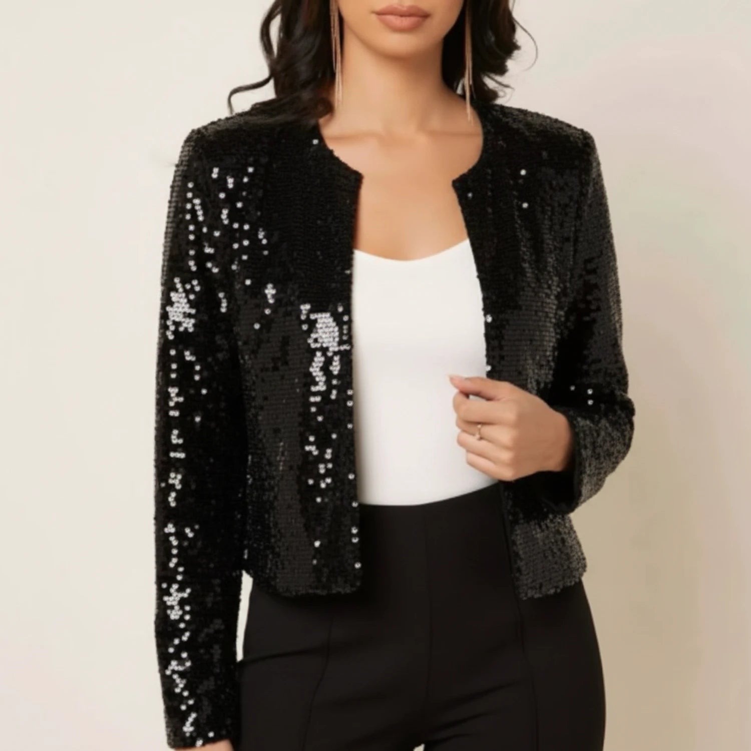 Sera Women's Evening Jacket featuring an open front and a stunning sequin design, perfect for adding glamour to any formal outfit. 2