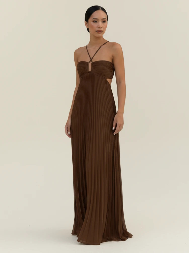 Sera Women's Maxi Dress featuring a strappy halter neckline and elegant pleated A-line design, perfect for summer occasions and casual outings. 0