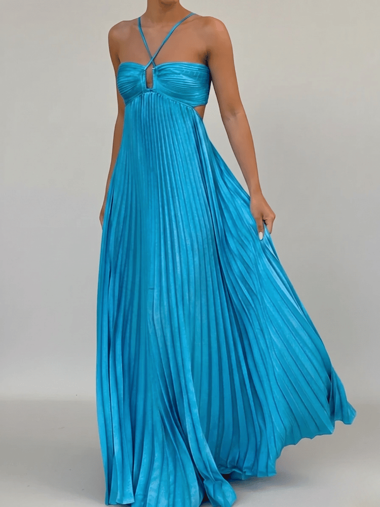 Sera Women's Maxi Dress featuring a strappy halter neckline and elegant pleated A-line design, perfect for summer occasions and casual outings. 4