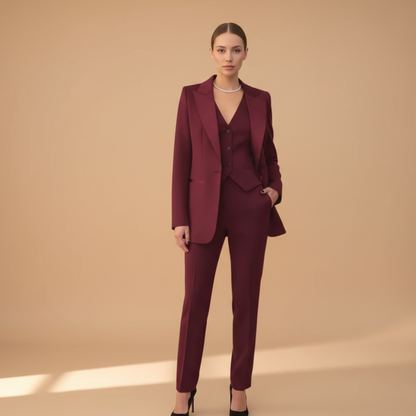Sera Women’s Suit featuring a tailored jacket, stylish waistcoat, and straight-leg trousers, perfect for professional and formal occasions. 0