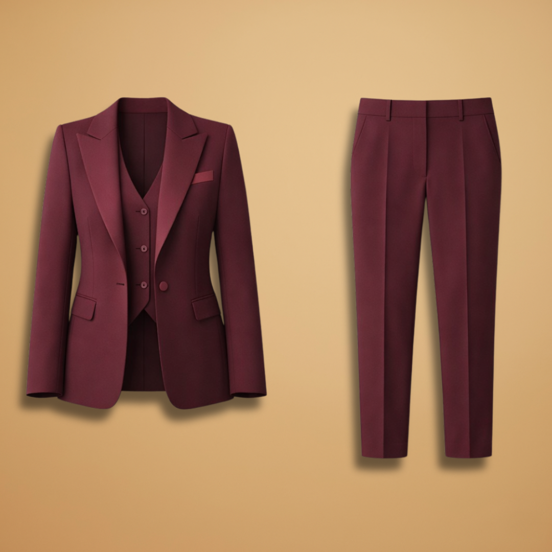 Sera Women’s Suit featuring a tailored jacket, stylish waistcoat, and straight-leg trousers, perfect for professional and formal occasions. 1