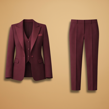 Sera Women’s Suit featuring a tailored jacket, stylish waistcoat, and straight-leg trousers, perfect for professional and formal occasions. 1