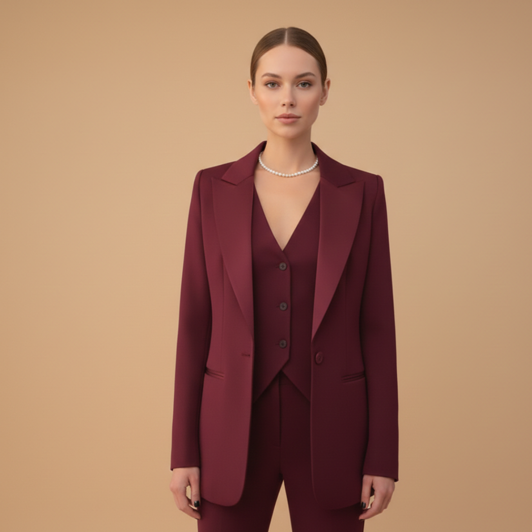 Sera Women’s Suit featuring a tailored jacket, stylish waistcoat, and straight-leg trousers, perfect for professional and formal occasions. 3
