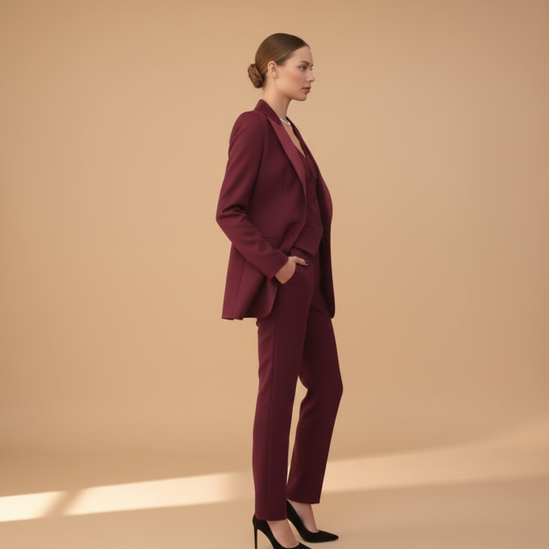 Sera Women’s Suit featuring a tailored jacket, stylish waistcoat, and straight-leg trousers, perfect for professional and formal occasions. 4