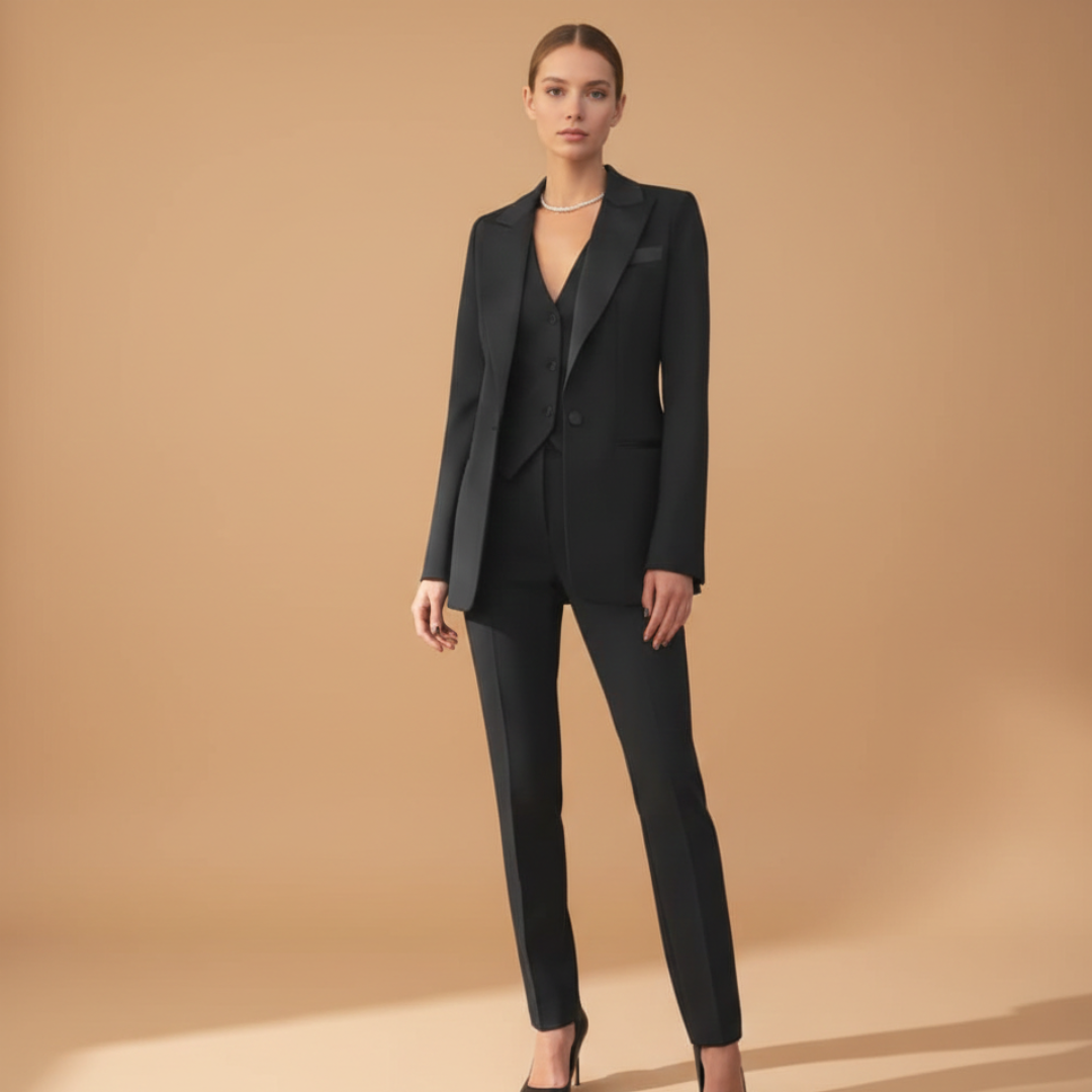 Sera Women’s Suit featuring a tailored jacket, stylish waistcoat, and straight-leg trousers, perfect for professional and formal occasions. 5