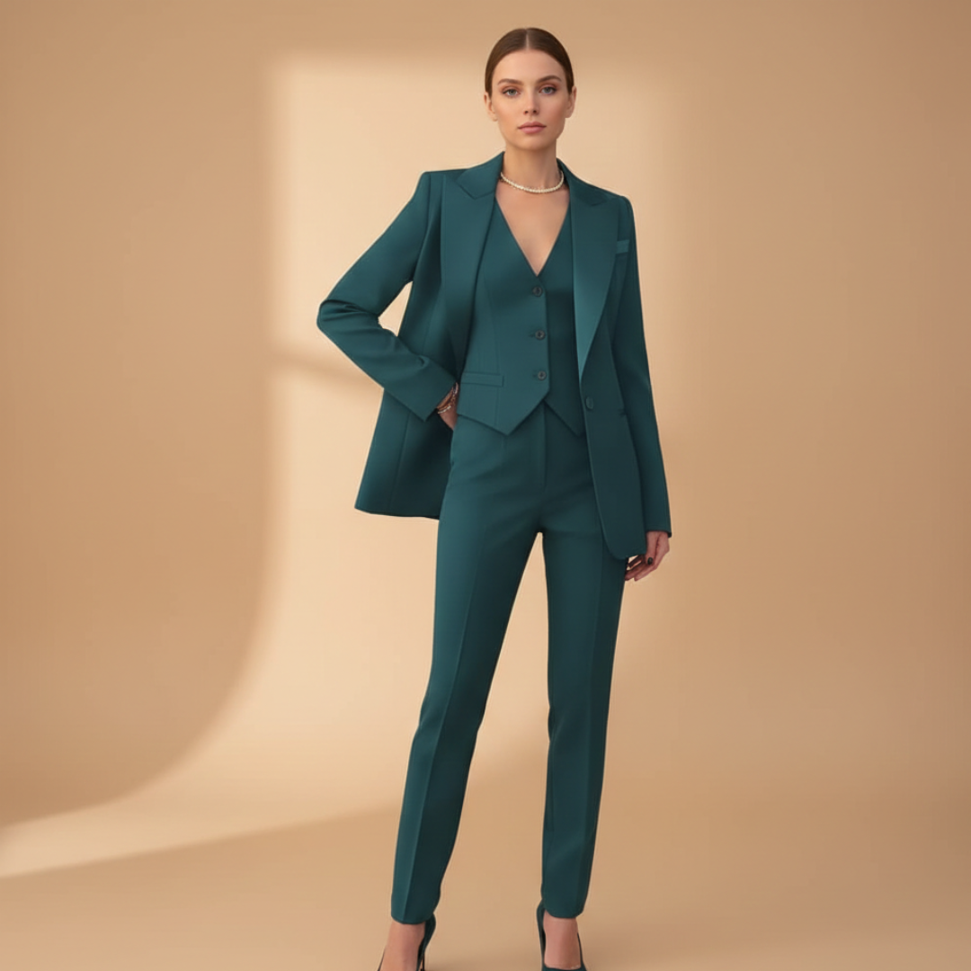 Sera Women’s Suit featuring a tailored jacket, stylish waistcoat, and straight-leg trousers, perfect for professional and formal occasions. 6