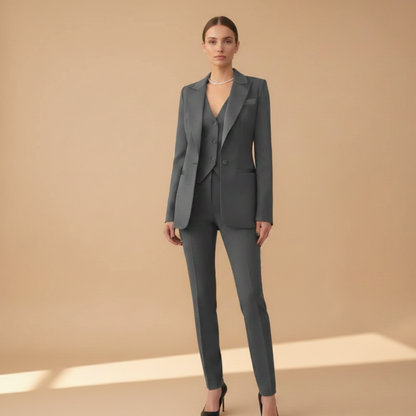 Sera Women’s Suit featuring a tailored jacket, stylish waistcoat, and straight-leg trousers, perfect for professional and formal occasions. 7