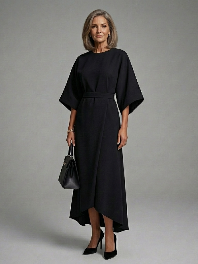 Sereia Women’s Midi Dress featuring a stylish waist band and elegant cape sleeves, perfect for sophisticated occasions. 0