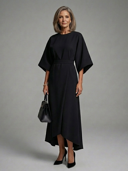 Sereia Women’s Midi Dress featuring a stylish waist band and elegant cape sleeves, perfect for sophisticated occasions. 0