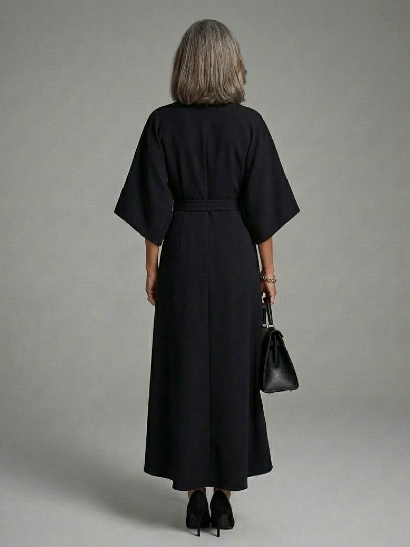 Sereia Women’s Midi Dress featuring a stylish waist band and elegant cape sleeves, perfect for sophisticated occasions. 1
