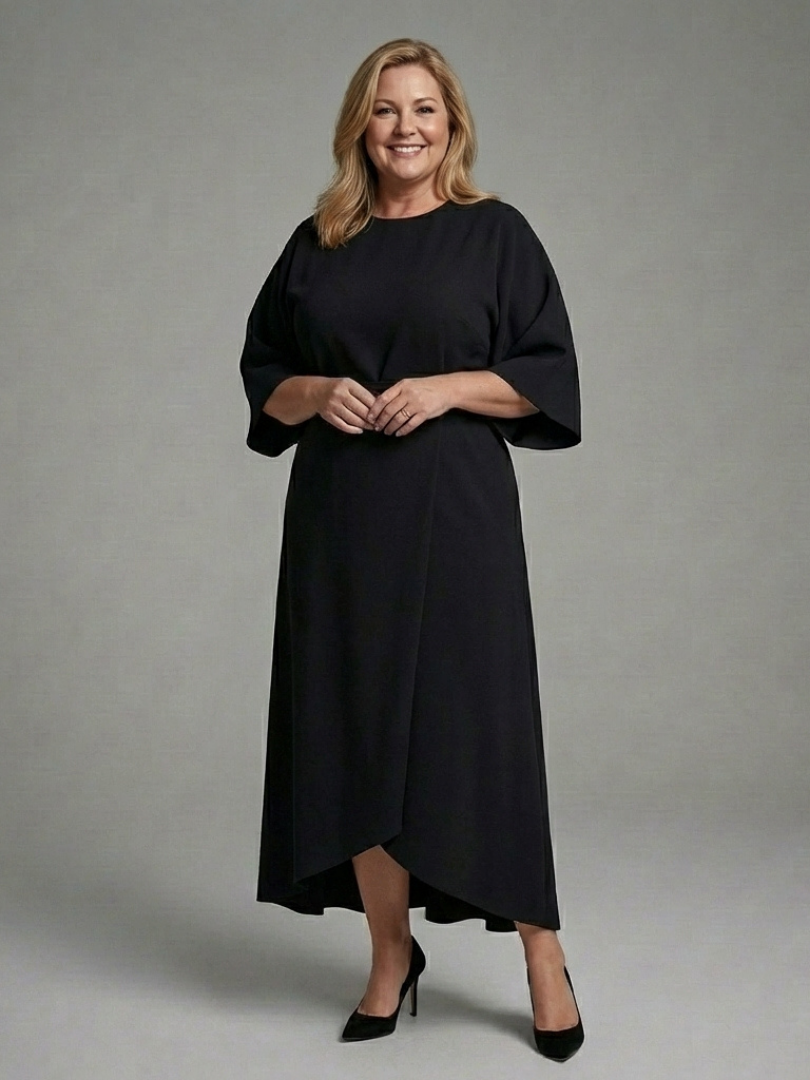 Sereia Women’s Midi Dress featuring a stylish waist band and elegant cape sleeves, perfect for sophisticated occasions. 2