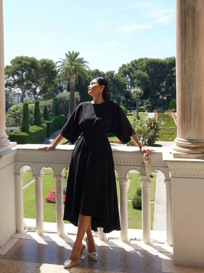 Sereia Women’s Midi Dress featuring a stylish waist band and elegant cape sleeves, perfect for sophisticated occasions. 3