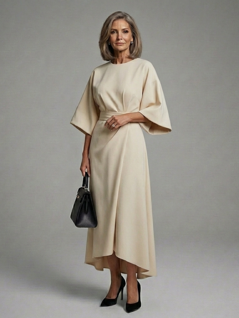 Sereia Women’s Midi Dress featuring a stylish waist band and elegant cape sleeves, perfect for sophisticated occasions. 5