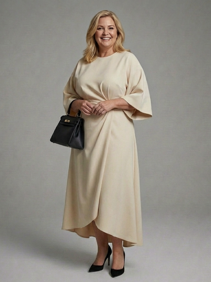 Sereia Women’s Midi Dress featuring a stylish waist band and elegant cape sleeves, perfect for sophisticated occasions. 7