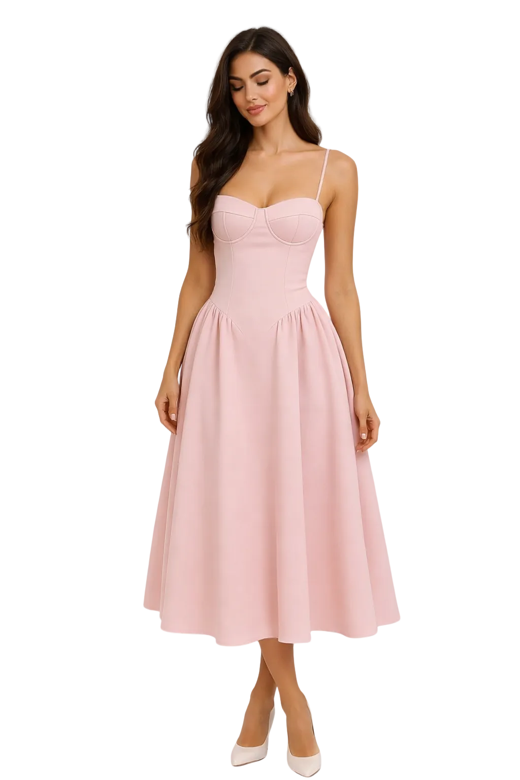 Elegant Serene Women’s Midi Dress featuring a stylish corset bodice and flowing A-line skirt, perfect for formal events and special occasions. 0