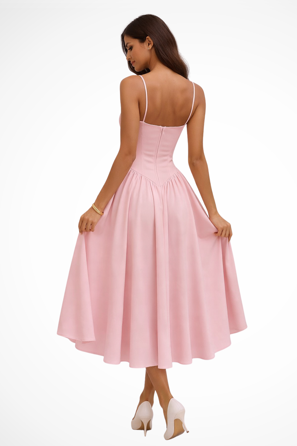 Elegant Serene Women’s Midi Dress featuring a stylish corset bodice and flowing A-line skirt, perfect for formal events and special occasions. 1