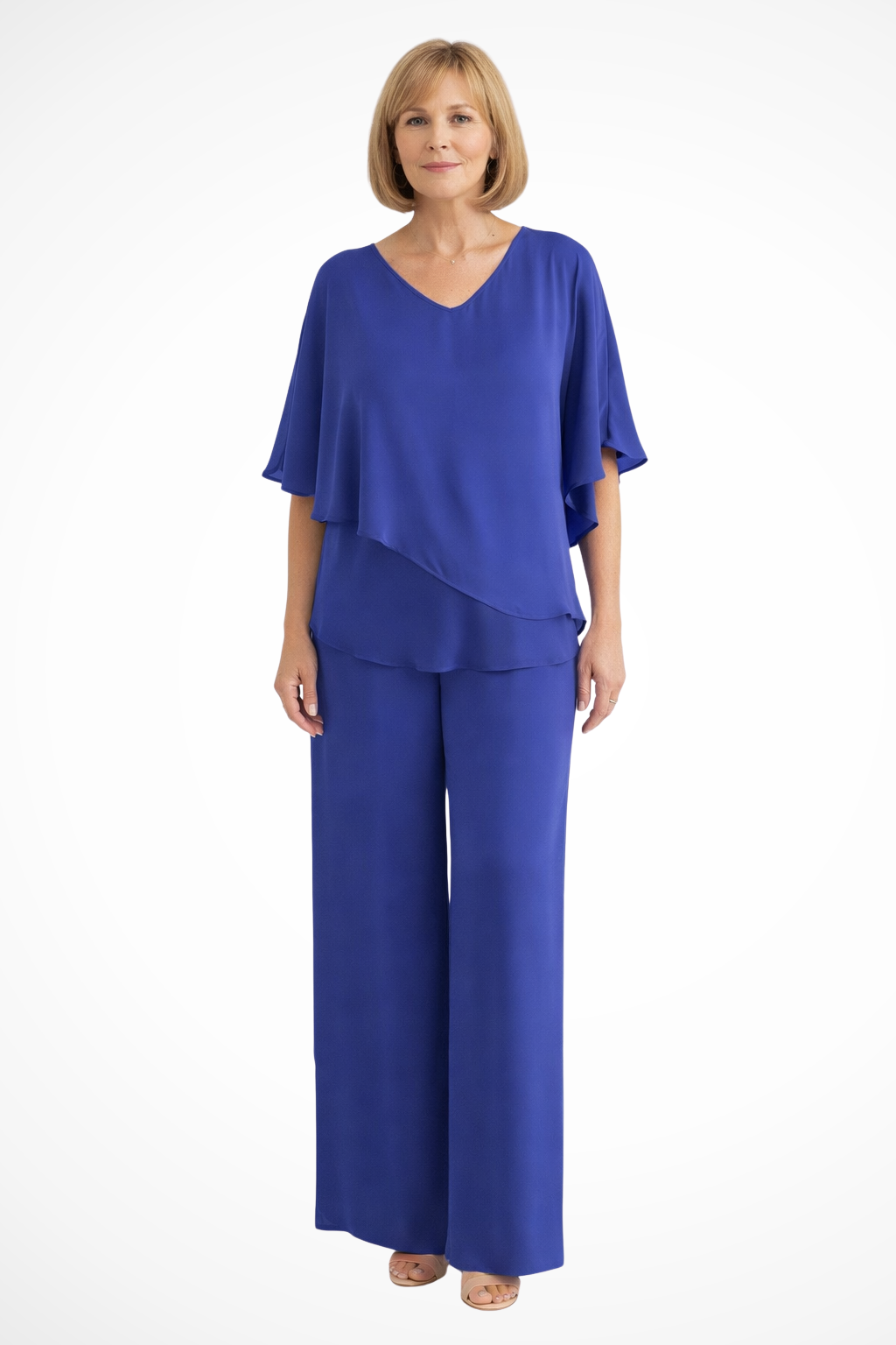 Serene Women’s Set featuring a stylish V neckline and batwing sleeves in vibrant cobalt blue, perfect for casual outings and comfortable wear. 3