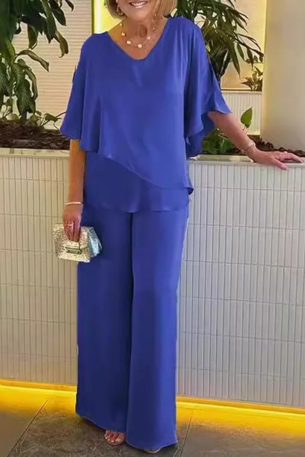 Serene Women’s Set featuring a stylish V neckline and batwing sleeves in vibrant cobalt blue, perfect for casual outings and comfortable wear. 4