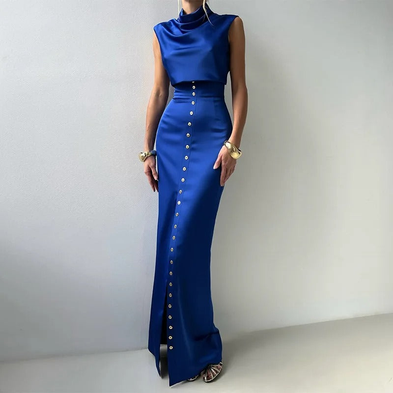 Sierra Women's Co Ord Set featuring a stylish sleeveless cropped top and a button-up maxi skirt, perfect for summer outings and casual events. 0