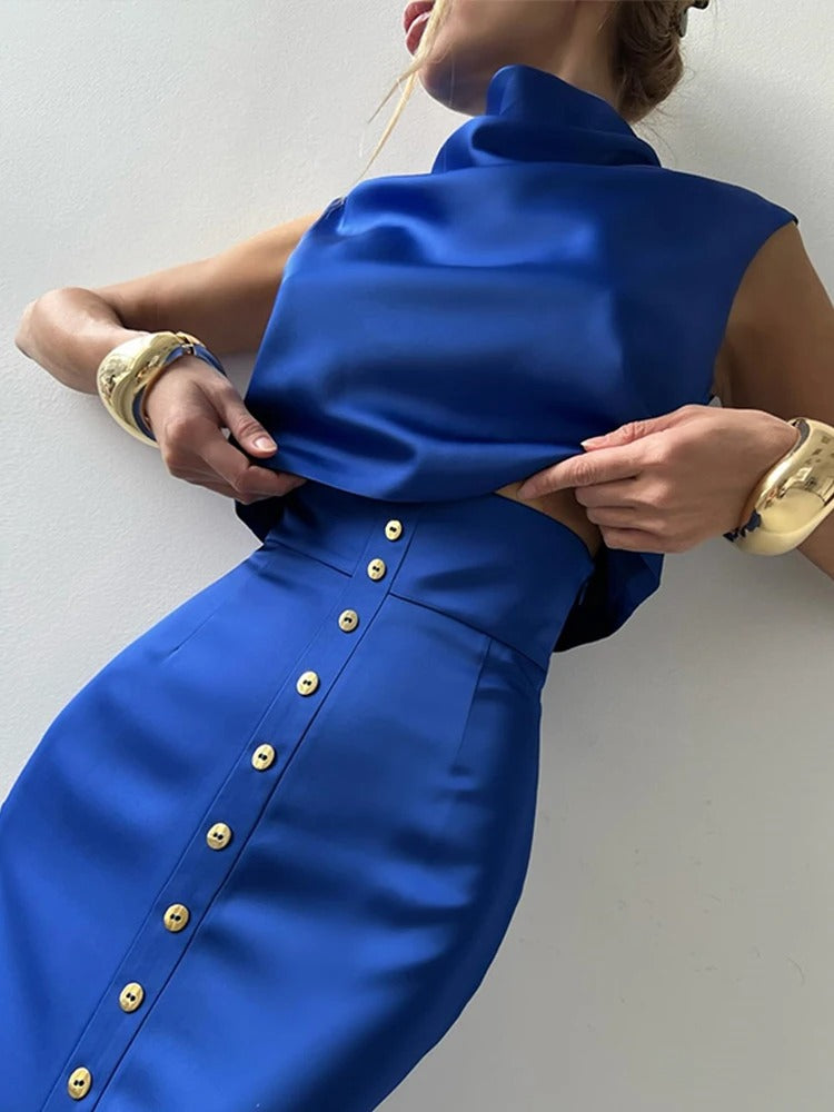 Sierra Women's Co Ord Set featuring a stylish sleeveless cropped top and a button-up maxi skirt, perfect for summer outings and casual events. 1