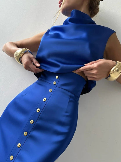 Sierra Women's Co Ord Set featuring a stylish sleeveless cropped top and a button-up maxi skirt, perfect for summer outings and casual events. 1