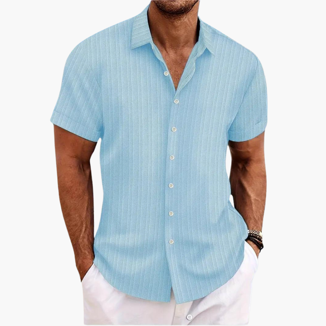 Sleek men's shirt featuring a stylish striped pattern and a classic button-up design, perfect for formal or casual occasions. 0