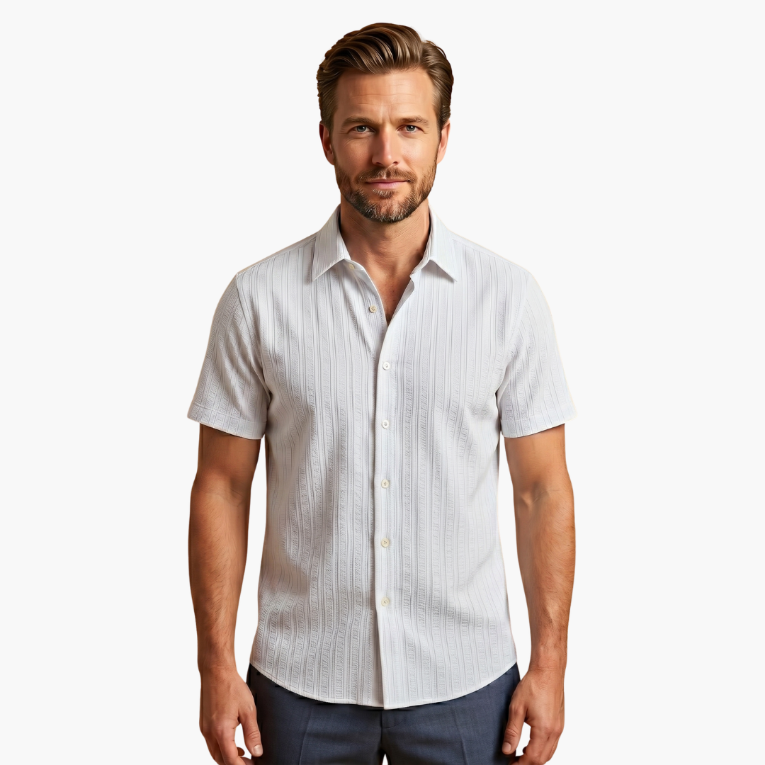 Sleek men's shirt featuring a stylish striped pattern and a classic button-up design, perfect for formal or casual occasions. 8