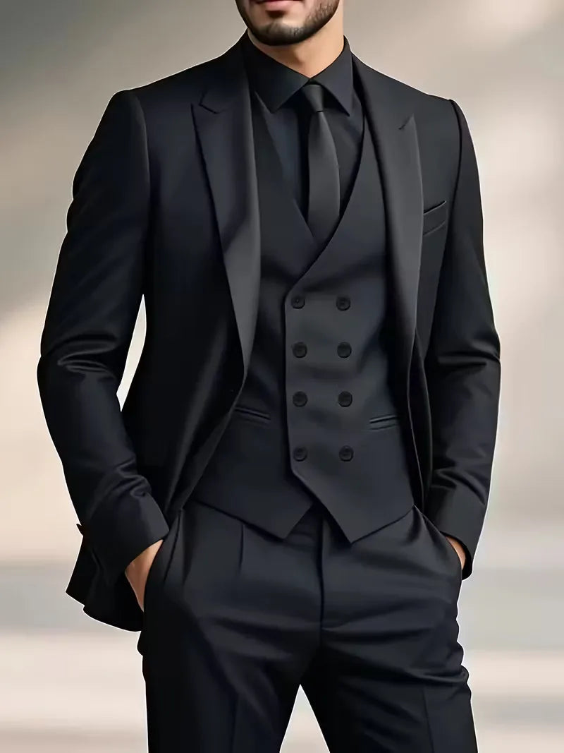 Sleek men's suit set featuring a slim fit design and double-breasted waistcoat, perfect for weddings and formal events. 0