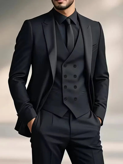 Sleek men's suit set featuring a slim fit design and double-breasted waistcoat, perfect for weddings and formal events. 0