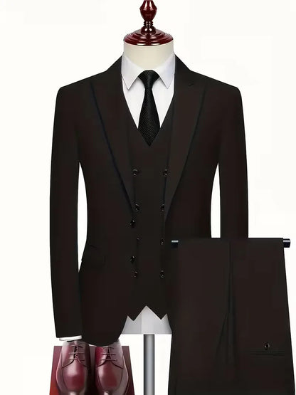 Sleek men's suit set featuring a slim fit design and double-breasted waistcoat, perfect for weddings and formal events. 1
