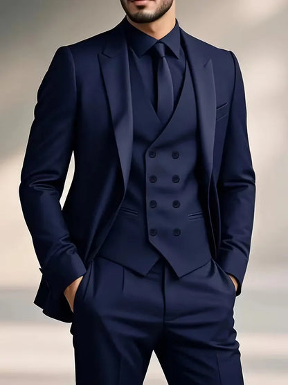 Sleek men's suit set featuring a slim fit design and double-breasted waistcoat, perfect for weddings and formal events. 10