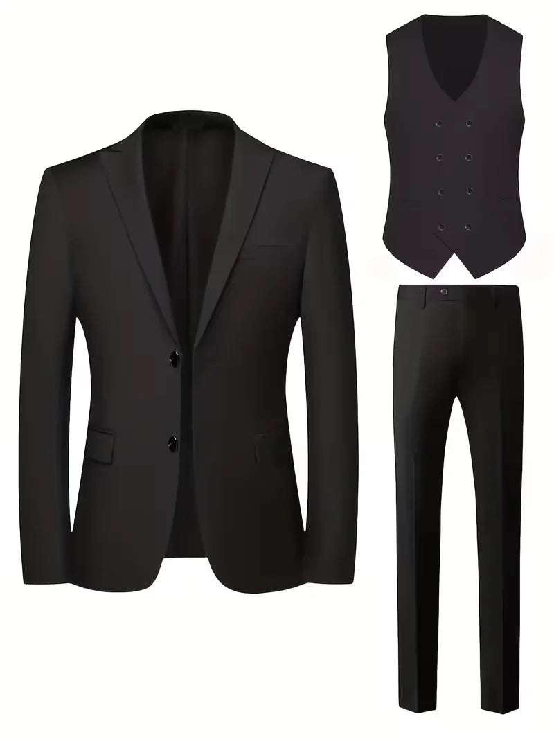 Sleek men's suit set featuring a slim fit design and double-breasted waistcoat, perfect for weddings and formal events. 2