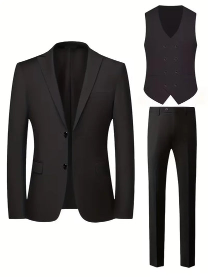 Sleek men's suit set featuring a slim fit design and double-breasted waistcoat, perfect for weddings and formal events. 2
