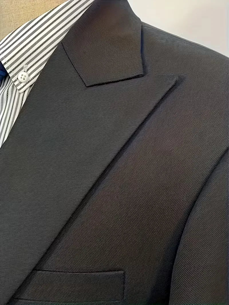 Sleek men's suit set featuring a slim fit design and double-breasted waistcoat, perfect for weddings and formal events. 3