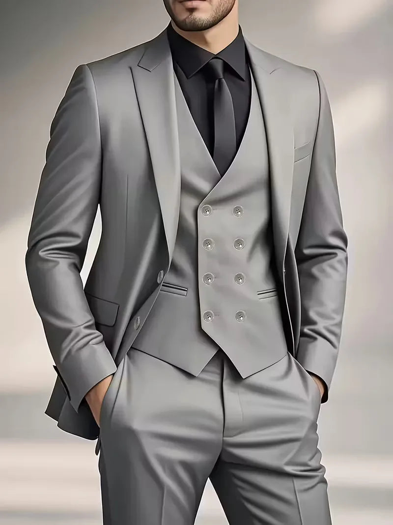 Sleek men's suit set featuring a slim fit design and double-breasted waistcoat, perfect for weddings and formal events. 9