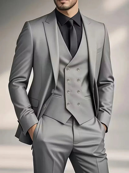 Sleek men's suit set featuring a slim fit design and double-breasted waistcoat, perfect for weddings and formal events. 9