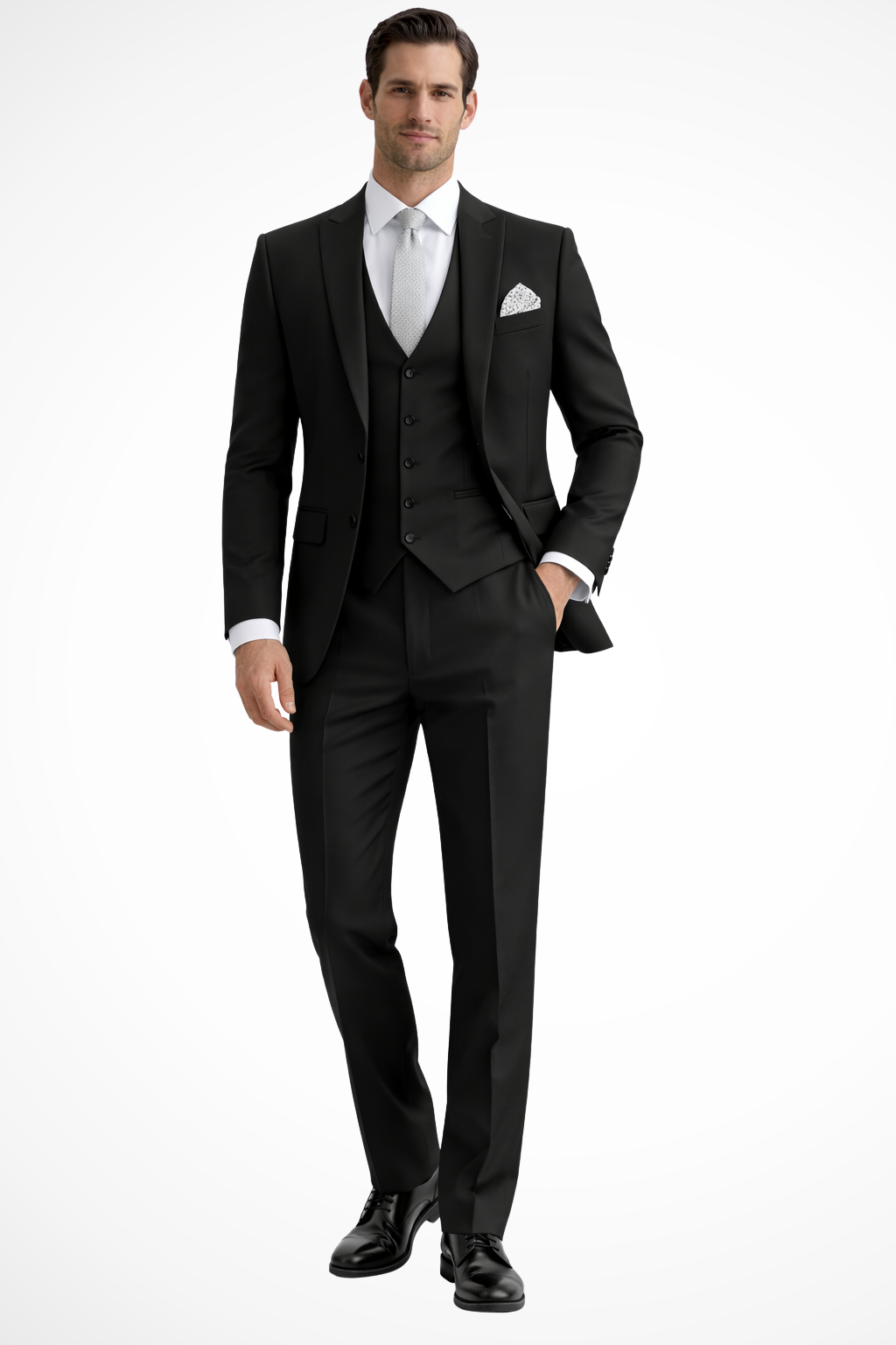 Sleek men’s three-piece suit featuring a slim fit design and stylish peak lapel, perfect for formal occasions and business events. 0