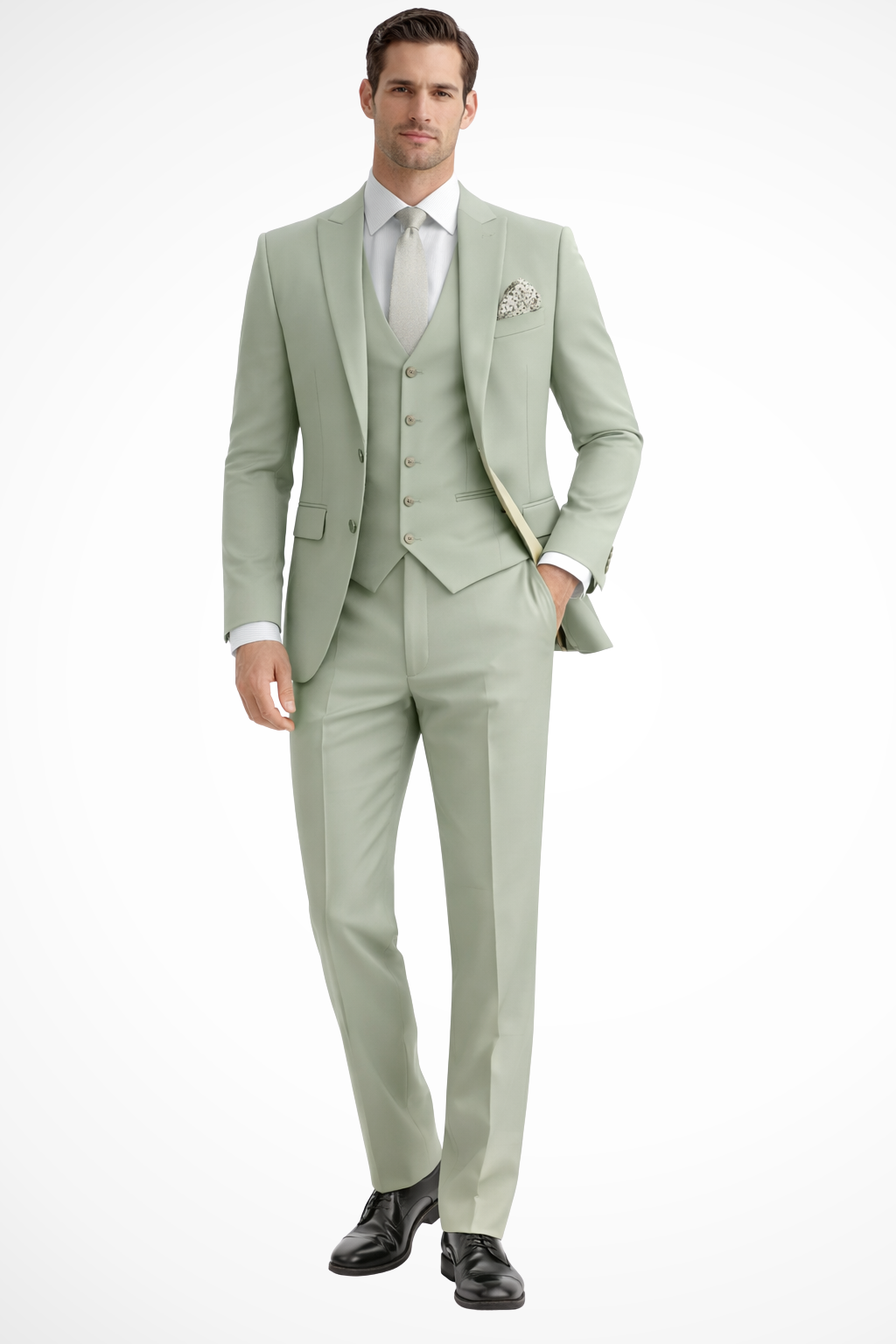 Sleek men’s three-piece suit featuring a slim fit design and stylish peak lapel, perfect for formal occasions and business events. 1